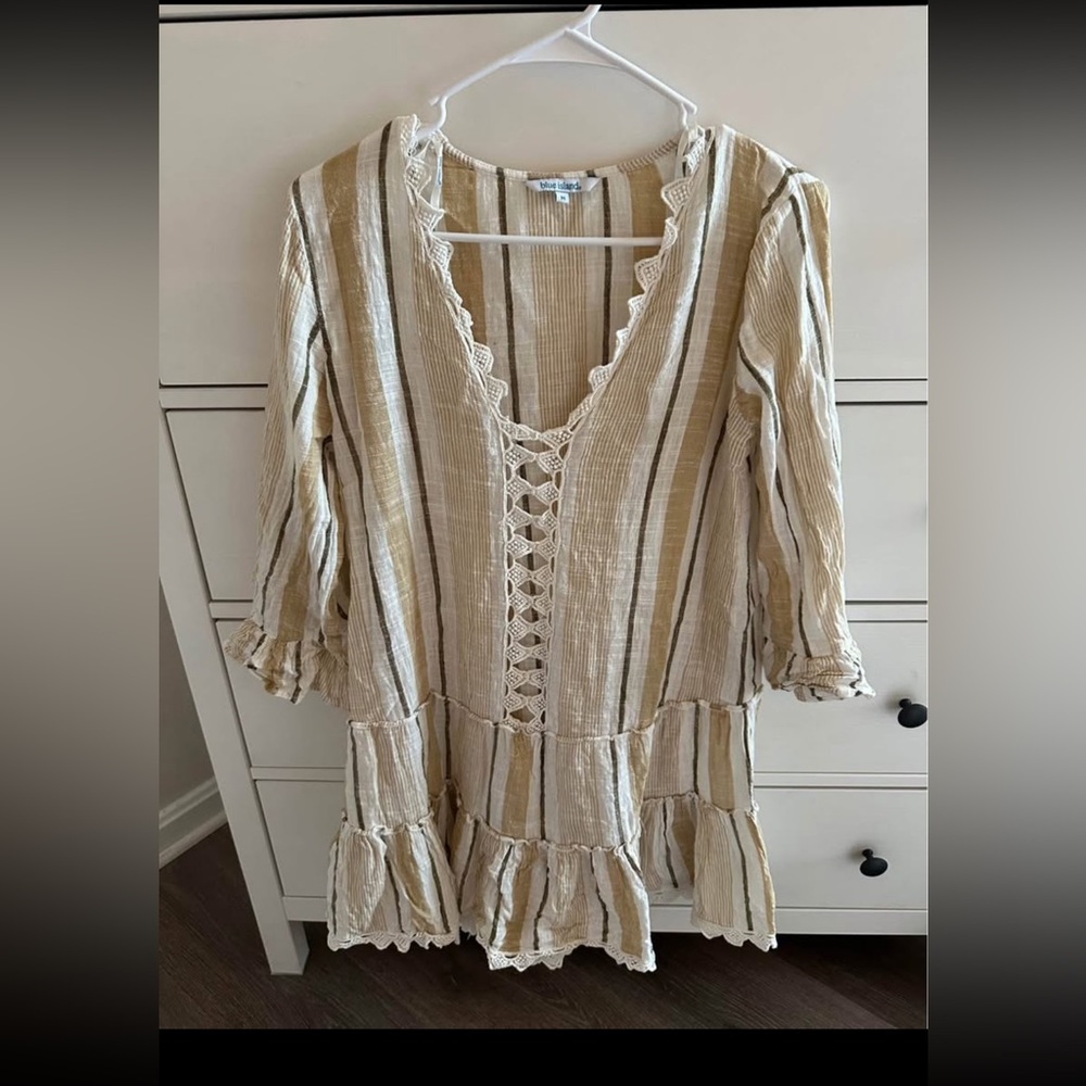 Blue Island Cream Ruffled Tie Front Coverup